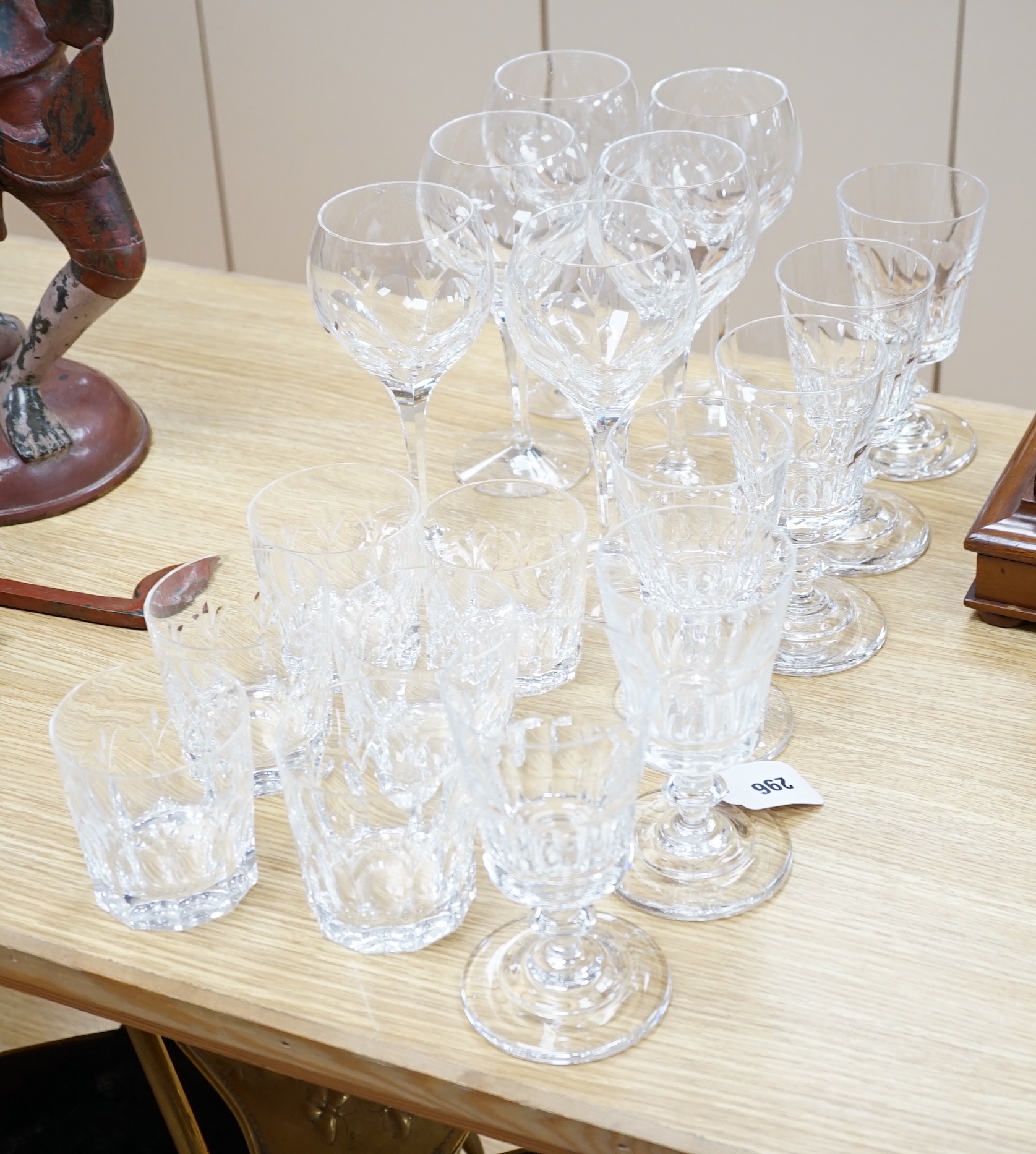 Six 'Willian Yeoward' wine goblets with 'bucket' bowls together with six other tall wines and six matching tumblers (18)
